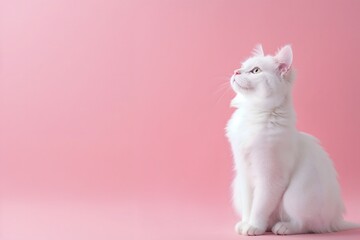 Elegant White Cat Sitting on a Pink Background with Copy Space. Adoption banner, e-commerce, pet shop, grooming, Veterinary Clinic flyer