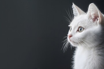 Portrait of white cat on dark gray background with copy space. Bright eyes and soft fur contrast sharply with neutral backdrop. advertising, flyer, grooming, pet shop, adoption banner