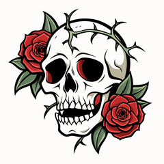Intricate Skull Entwined with Roses and Thorny Vines on a Pristine Background Art vector illustration