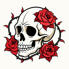 Intricate Skull Entwined with Roses and Thorny Vines on a Pristine Background Art vector illustration