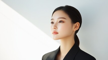 Futuristic Silhouette: Korean Fashion Model exudes Confidence in Modern Attire with Light Rays on White Wall