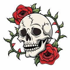 Intricate Skull Entwined with Roses and Thorny Vines on a Pristine Background Art vector illustration
