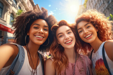 Radiant Friendship: Multiethnic Girlfriends Snapping Selfies. Cheerful generation z friends capturing their happy moments in the city. generative AI