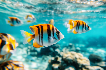 Naklejka premium Colourful tropical fish swimming in clear waters