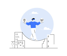 Person wearing a VR headset, balancing technology and human connection in a modern city setting. The minimalistic design highlights the blend of virtual and real-world experiences in today's world.