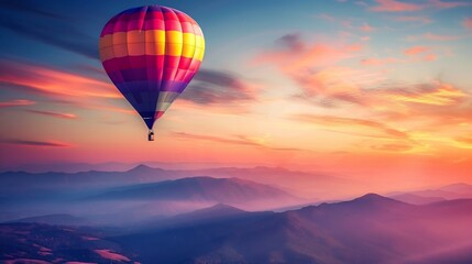 Obraz premium Hot Air Balloon Ascending Over Misty Mountains at Sunset