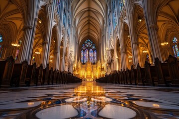 Naklejka premium The interior of a stunning cathedral featuring illuminated altar space, tall arches, and rows of wooden pews leading towards the vibrant stained-glass window backdrop.