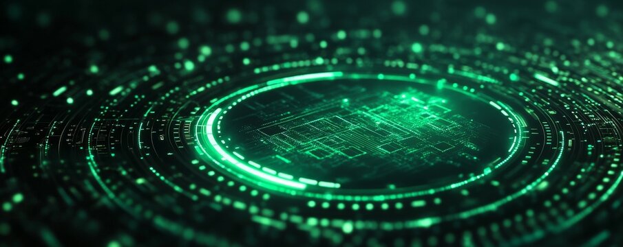 Futuristic green glowing digital interface with circular design on black background