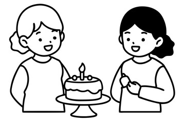 Birthday eating cake kids line art vector illustration