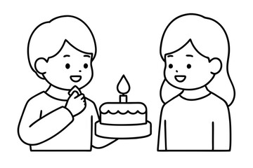 Birthday eating cake kids line art vector illustration