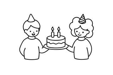 Birthday eating cake kids line art vector illustration