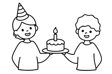 Birthday eating cake kids line art vector illustration