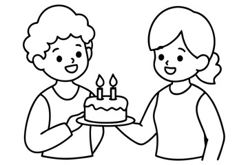 Birthday eating cake kids line art vector illustration