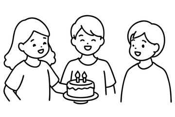 Birthday eating cake kids line art vector illustration