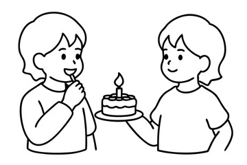 Birthday eating cake kids line art vector illustration