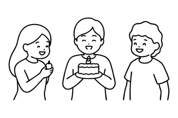 Birthday eating cake kids line art vector illustration