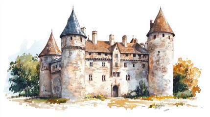 Naklejka premium Historic European Castle in Watercolor on White Background