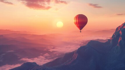 Hot Air Balloon Soaring Above Majestic Mountains at Sunset