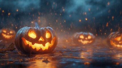 Glowing pumpkins in a misty outdoor setting at night
