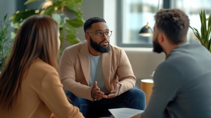 Group of people having a serious conversation in a modern office setting
