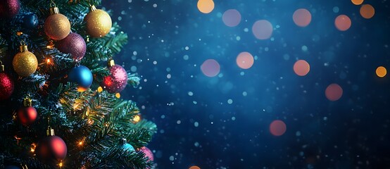 Christmas tree with colorful decorations on a dark blue background with bokeh lights and copy space, banner design
