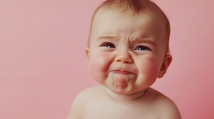 Close-up portrait of a crying baby on a pink background, isolated, with copy space for text