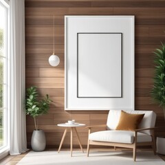 white poster frame close up in modern home interior with light dark colored wood texture walls, wall mockup, 3d rendering