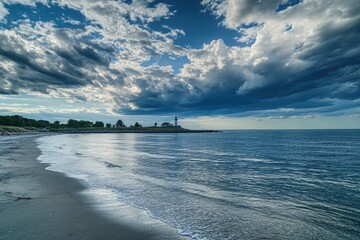 Connecticut Beach. New England Lighthouse at Lighthouse Point Park in New Haven with Ocean Views