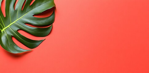 monstera leaf on a coral background, in a flat lay with space for text.