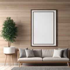 white poster frame close up in modern home interior with light dark colored wood texture walls, wall mockup, 3d rendering