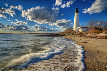 Fototapeta premium Connecticut Beach. New England Lighthouse in Lighthouse Point Park, New Haven, Cityscape and Water Views