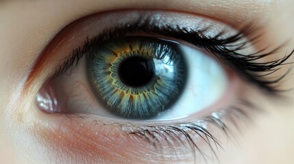 Fototapeta premium Dilated Eye. Close-up Macro Photo of Human Eye with Wide-Open Pupil, Gray Eye Color, Beautiful Eyelashes and Eyeliner