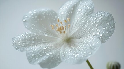 ethereal white flower with gossamer petals dew drops glistening in soft light delicate stamens floating gracefully against pure white backdrop