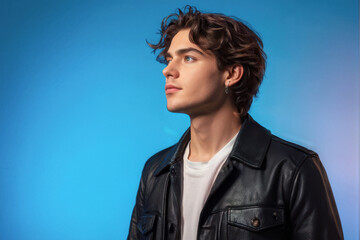 Fototapeta premium Young queer man looking away thoughtfully in a studio. Confident young generation z hipster standing alone against an blue background. generative AI