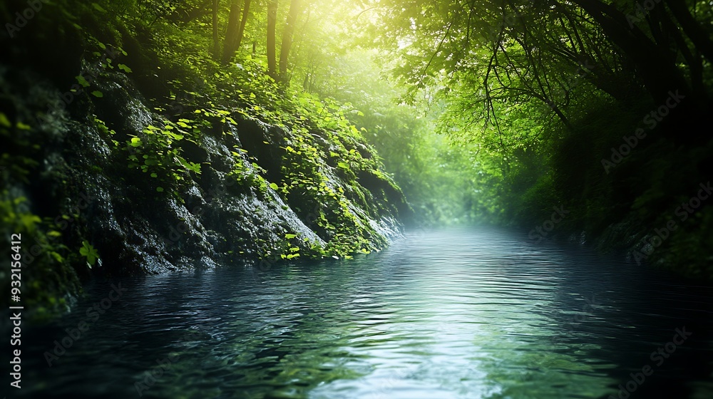 Poster a calm river flows through a dense forest, sunlight filtering through the lush canopy.