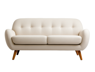 stylish white mid-century modern sofa with clean lines and wooden legs isolated on transparent background 