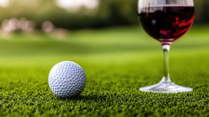 A serene scene featuring a golf ball and a glass of red wine on a lush green golf course, perfect for relaxation.
