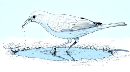 Bird Seeking Water in Minimal Line Drawing Style