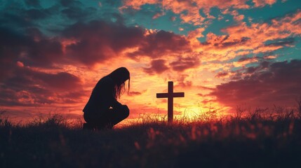 Kneeling Cross. Silhouette of a Humble Woman Praying Over the Cross at Sunset