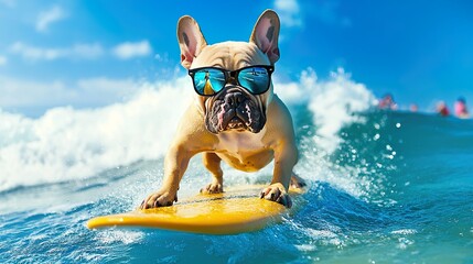 French beige bulldog, surfing riding a wave wearing sunglasses