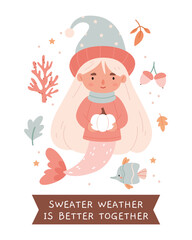 A cute mermaid in autumn clothes holds a white pumpkin and swims with fish and autumn leaves.Autumn poster with text.Unusual combination. Surrealism.