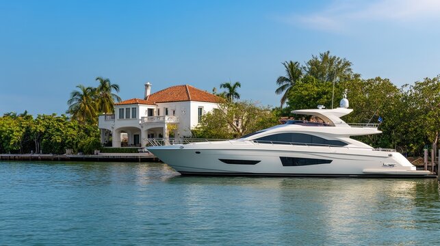 A luxurious waterfront property showcases a sleek yacht docked nearby under a clear blue sky , creating a peaceful coastal ambiance