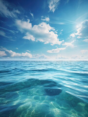 Obraz premium Serene Seascape: Calm Waters Beneath a Cloudy Sky. Peaceful Ocean Moment: Gentle Waves and Drifting Clouds. generative AI