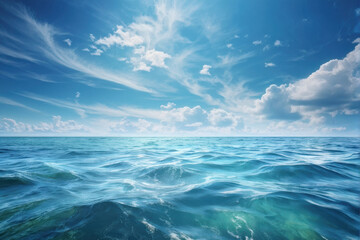 Obraz premium Serene Seascape: Calm Waters Beneath a Cloudy Sky. Peaceful Ocean Moment: Gentle Waves and Drifting Clouds. generative AI