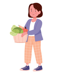 A girl with a basket of vegetables,healthy vegetarian food.Modern girl buying organic natural vegetables, fruits.