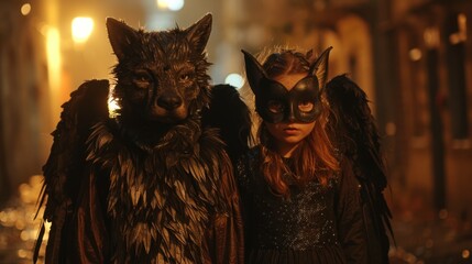 A brother and sister dressed as werewolves and angels with masks explore a dark street with eerie...