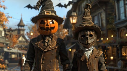 A brother and sister dressed as wizards and wearing carved pumpkin masks stand on a festive street with cobwebs and bats on Halloween,