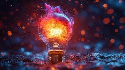 exploding creativity vibrant paint splatters burst from glowing lightbulb dynamic motion frozen in time contrasting colors create visual energy on dark background