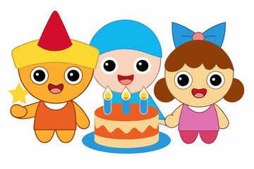 Birthday eating cake kids art vector illustration