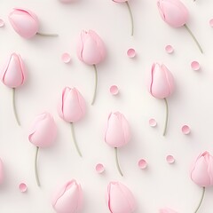 Pink tulip flowers and petals seamless pattern on white background.